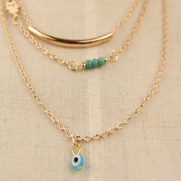 5 for $25 Three Layer Evil Eye Charm Gold Necklace - Picture 2 of 3